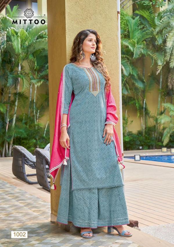 Mittoo Naira Designer rayon Kurti Sharara With Dupatta Collection